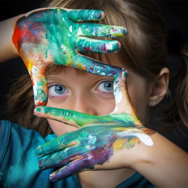 کودکی با دستهای رنگ شده